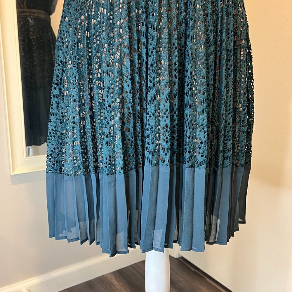 French Connection Teal Orabelle Lace Fit & Flare Ruffle Midi Dress, Size 6 - Picture 14 of 16